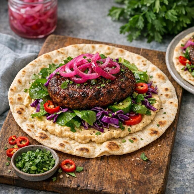 { "alt_text": "Marokkansk krydret veggieburger i fladbrød med hummus, syltede rødløg, rødkål, agurk, tomat og friske mynteblade på tallerken i blødt dagslys", "file_name": "marokkansk-krydret-veggieburger-i-fladbrod-med-hummus-og-syltede-rodlog-7392" }