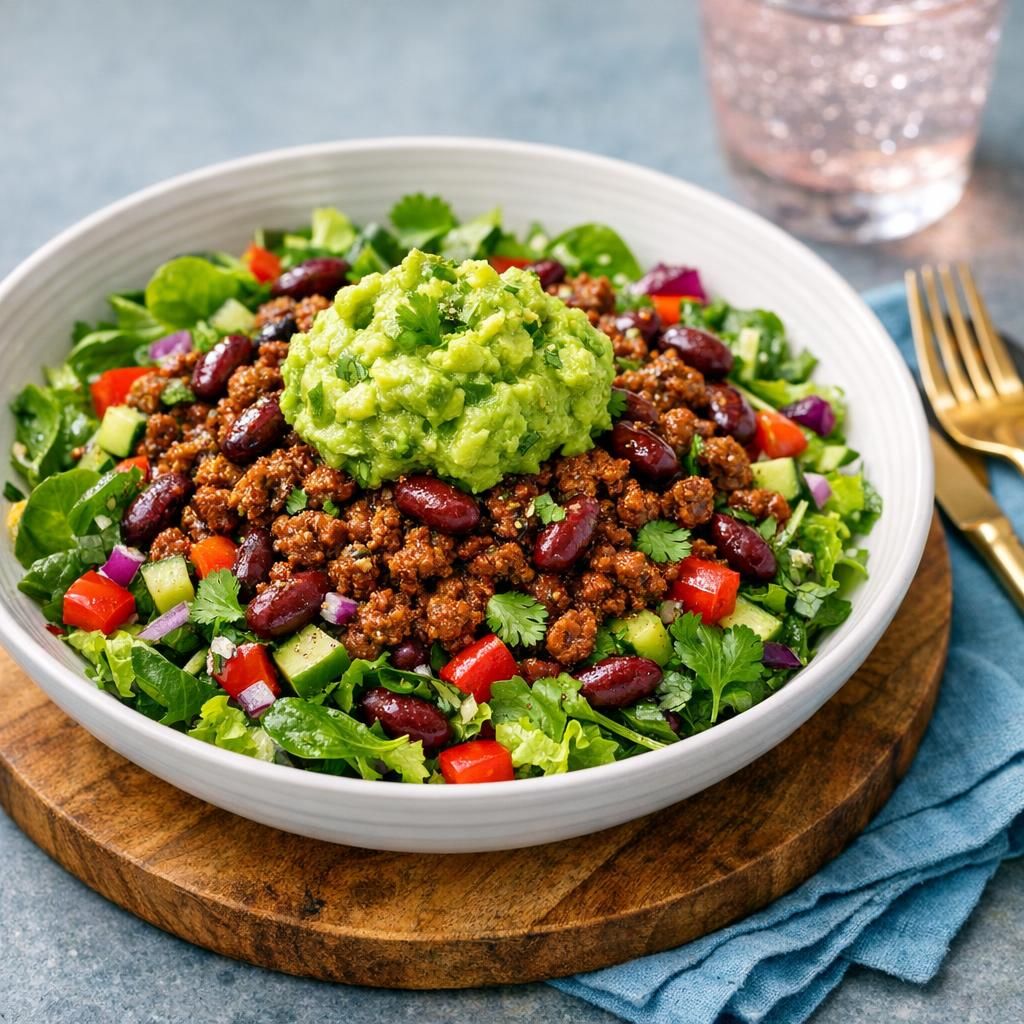 Mexicansk salat med krydret oksekød og guacamole
