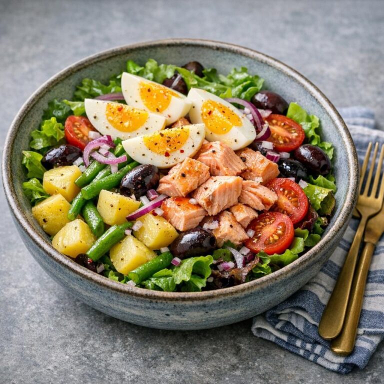 { "alt_text": "Nicoise-inspireret salat med bagt laks på hvidt fad med grøn salat, kartofler, grønne bønner, cherrytomater, rødløg, æg og oliven", "file_name": "nicoise-inspireret-salat-med-bagt-laks-8372" }