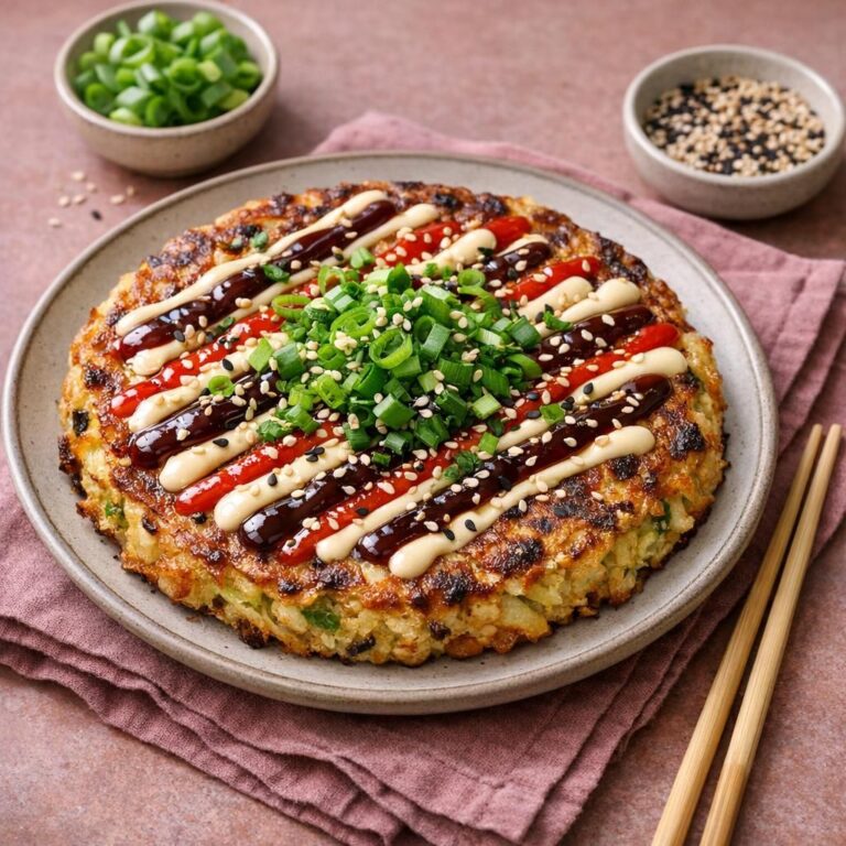 { "alt_text": "Okonomiyaki på rund tallerken, gylden og let sprød, toppet med mayo, hoisin, sriracha, sesam og forårsløg", "file_name": "okonomiyaki-japansk-kalpandekage-med-spicy-mayo-og-hoisin-5173" }