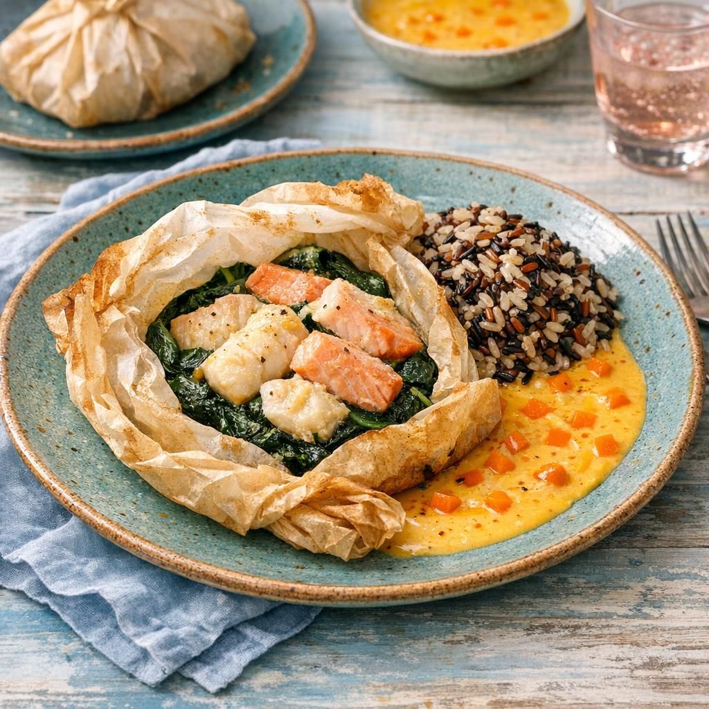 Ovnbagt fisk i papirpakker med spinat og safransauce