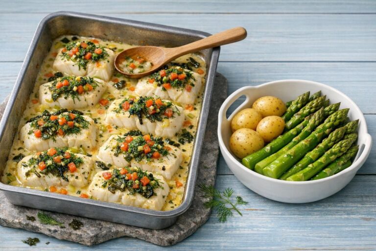 { "alt_text": "Ovnbagt hellefisk i cremet sauce med gulerod, porre og tomat, toppet med grønne asparges, urter og lidt tang i hvid ovnform, set i let skrå vinkel", "file_name": "ovnbagt-hellefisk-med-gronne-asparges-4872" }