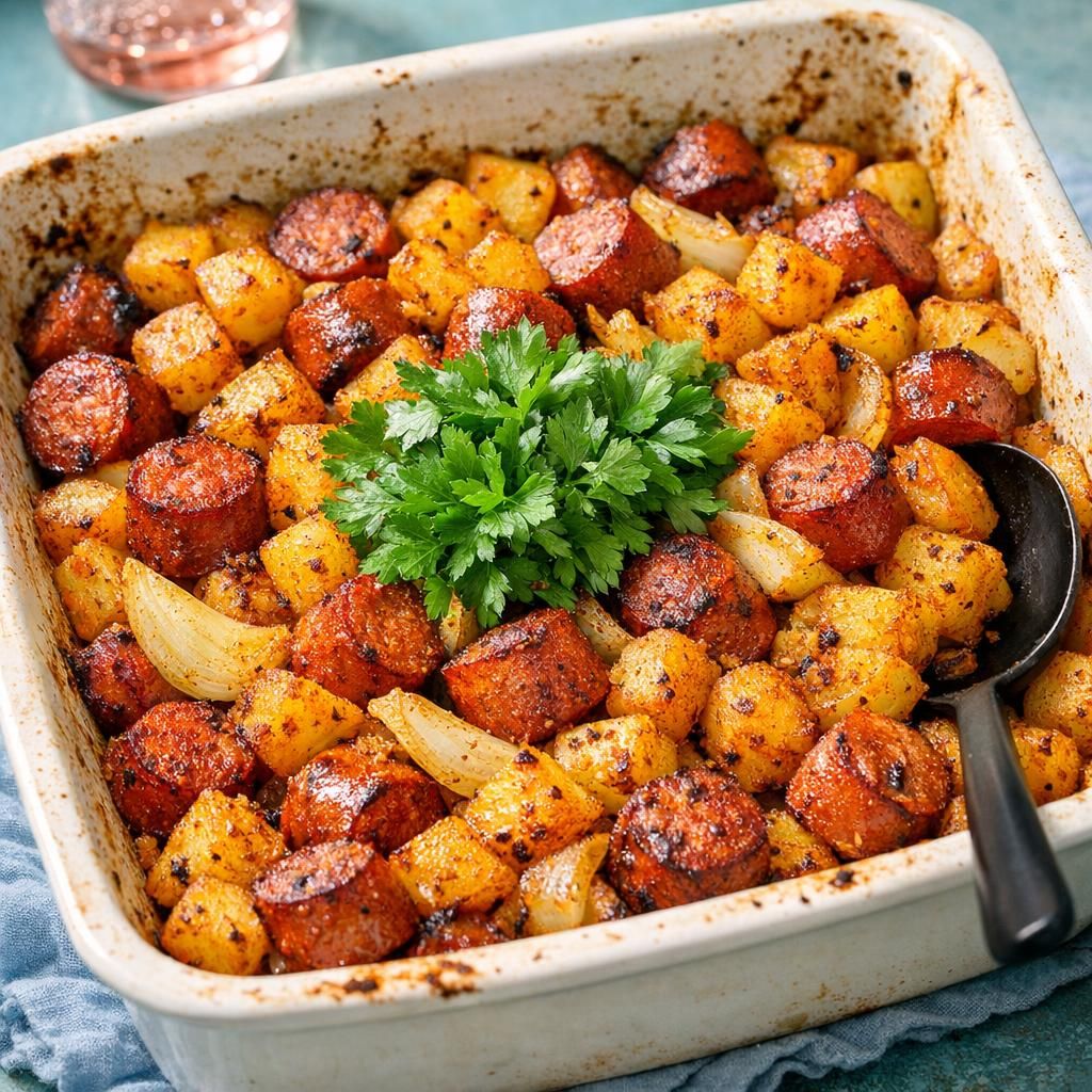 Ovnbagt pølsemix med kartofler og løg