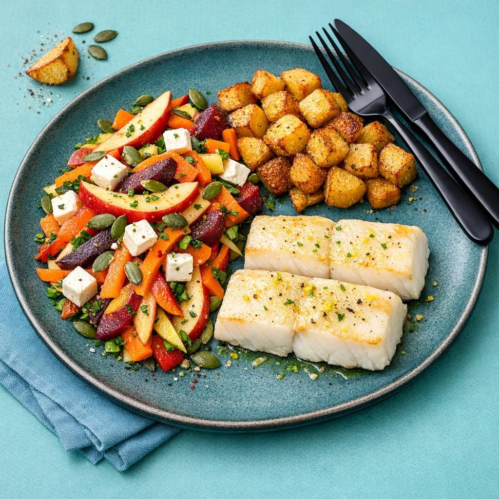 Ovnbagt sej med sprøde kartofler og æble-gulerodssalat