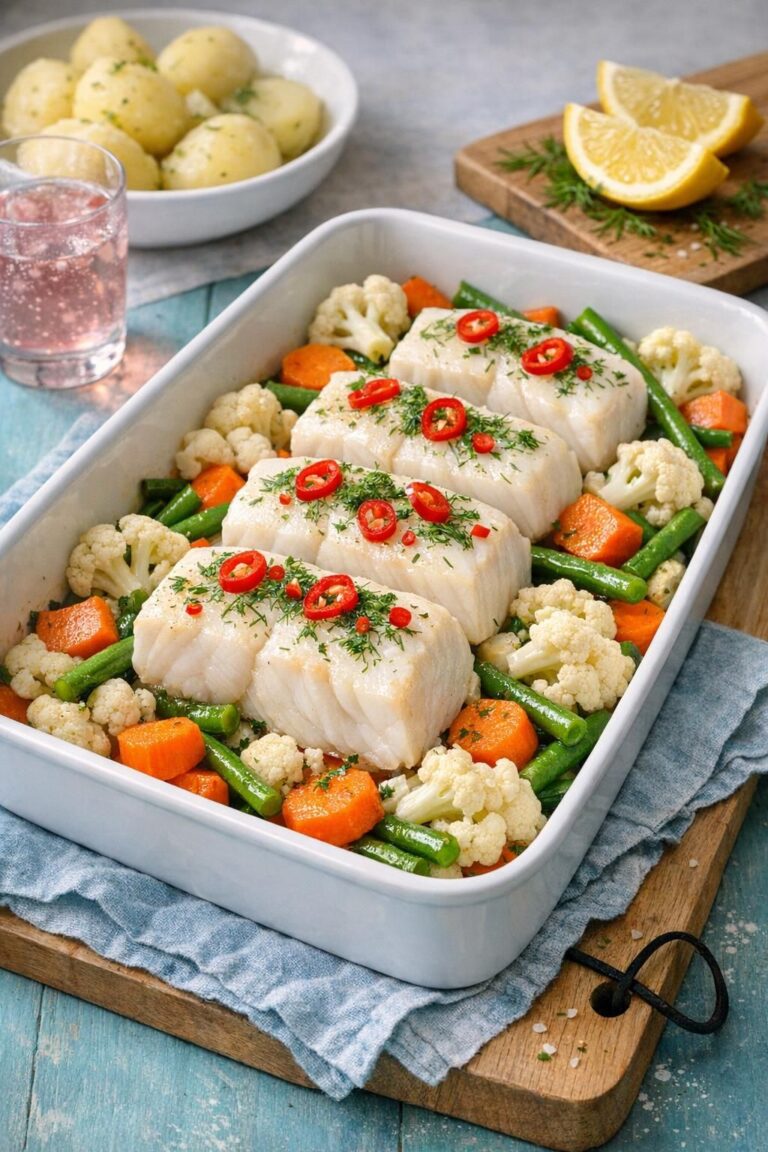 { "alt_text": "Ovnbagt torsk i hvidt fad med blomkål, grønne bønner og gulerødder i lys, cremet sauce med chili og urter", "file_name": "ovnbagt-torsk-i-fad-med-grontsager-og-kartofler-4278" }