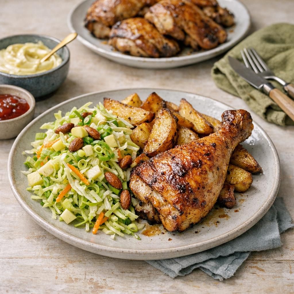 Ovnstegt kylling med kartofler og sprød kålsalat