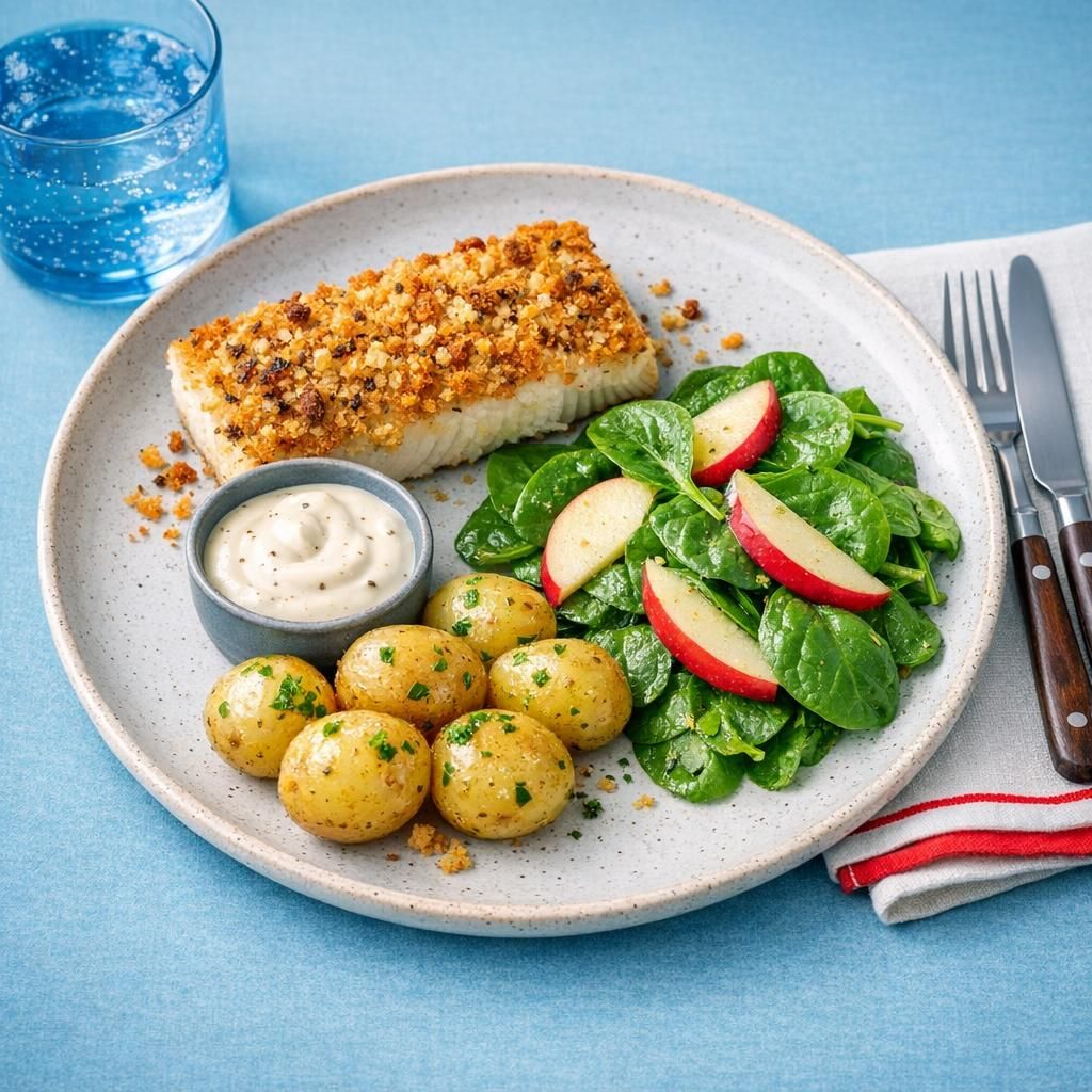 Pankosprød hvid fisk med persillekartofler og æble-spinat salat