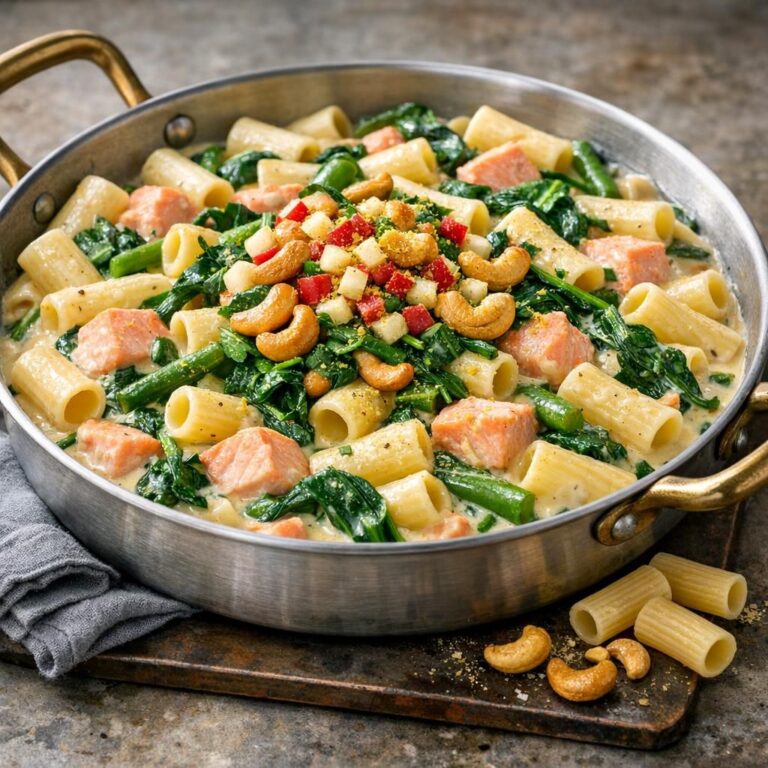 { "alt_text": "One-pot pasta med laks og spinat i cremet sauce i hvid pande, toppet med grønne bønner, æbletern, ristede cashewnødder og fintrevet citronskal", "file_name": "pasta-one-pot-med-laks-og-spinat-4827" }