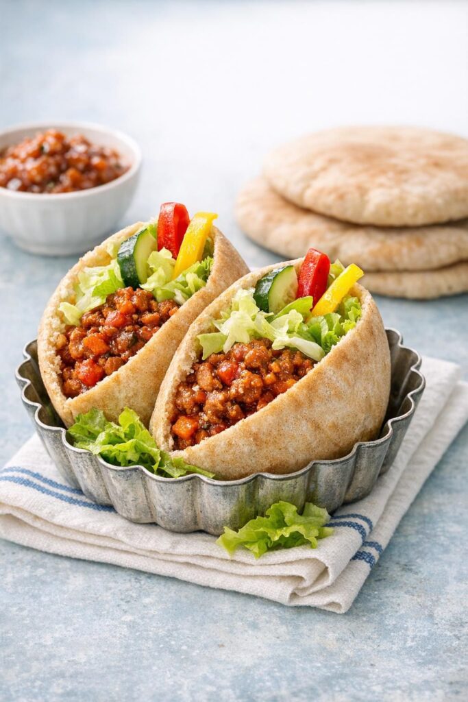 Pitabrød med kødsauce og sprødt grønt