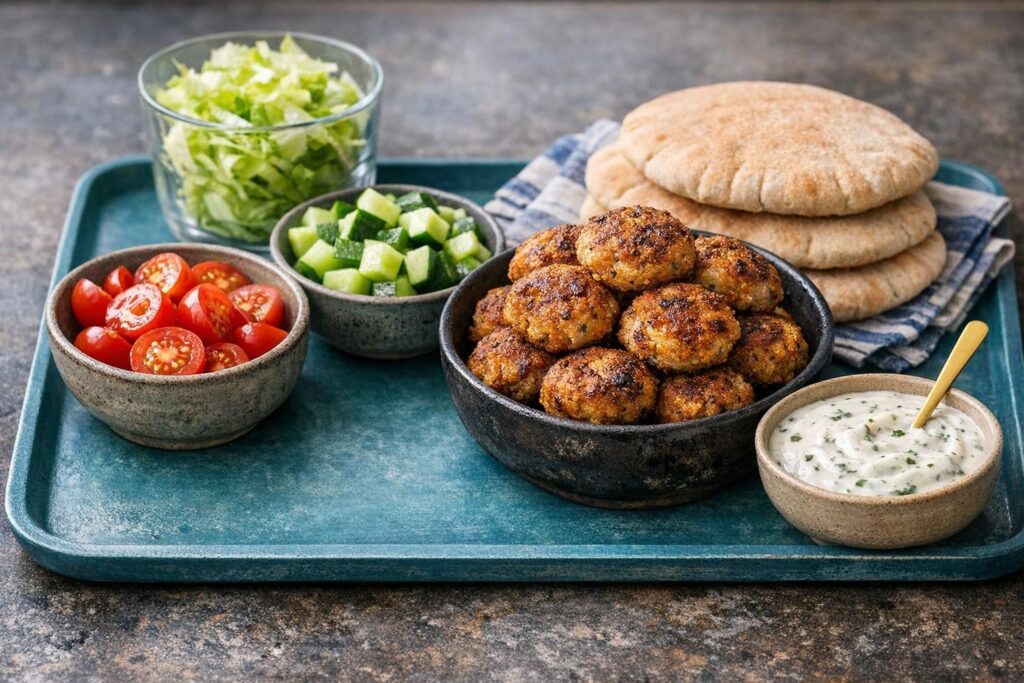 Pitabrød med tunfrikadeller og urtedressing