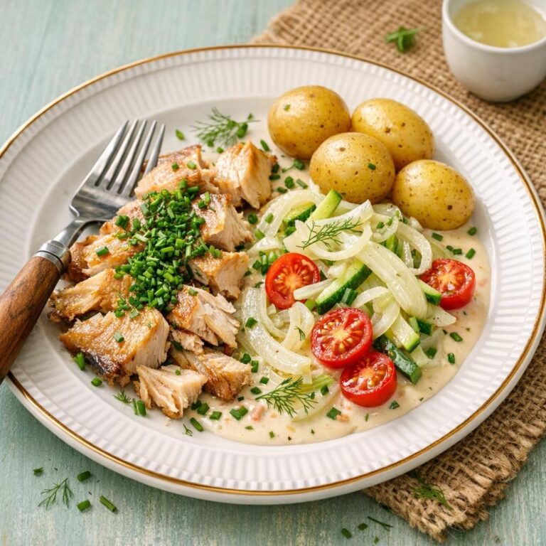 { "alt_text": "Røget makrel toppet med purløg, fennikelgrønt i cremet flødesauce med agurk og cherrytomater, serveret med små kartofler", "file_name": "roget-makrel-med-fennikelgront-i-flodesauce-4827" }