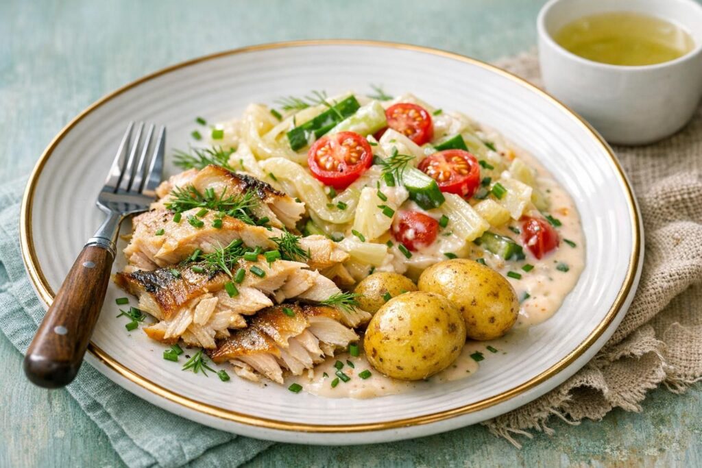 Røget makrel med flødestuvede grøntsager og kartofler