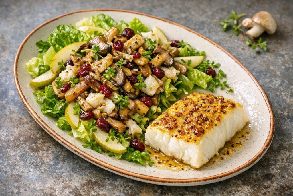 Sennepsbagt torsk med marinerede svampe og pæresalat