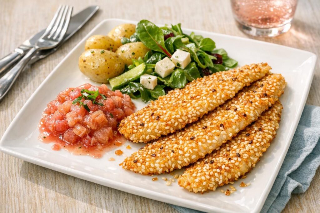 Sesampaneret rødspætte med rabarberkompot og nye kartofler