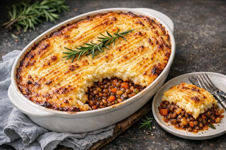 { "alt_text": "Shepherd’s pie med linser i hvidt ovnfad: gyldent kartoffellåg med gaffelriller og et hjørne, der afslører det saucede fyld", "file_name": "shepherds-pie-med-linser-og-kartoffellag-5382" }