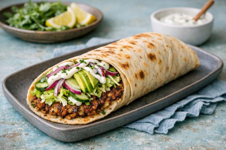 { "alt_text": "Smash-falafel på sprødstegt fladbrød toppet med salat, agurk, avocado, marineret rødløg, urter og hvidløgsyoghurt i bradepande", "file_name": "smash-falafel-pa-sprodstegt-fladbrod-4629" }