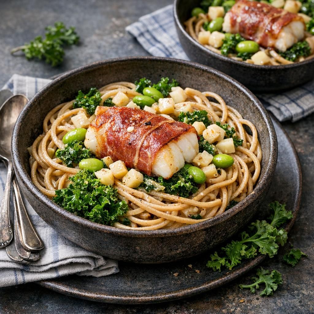 Spaghetti med torsk, parmaskinke og grønt fyld