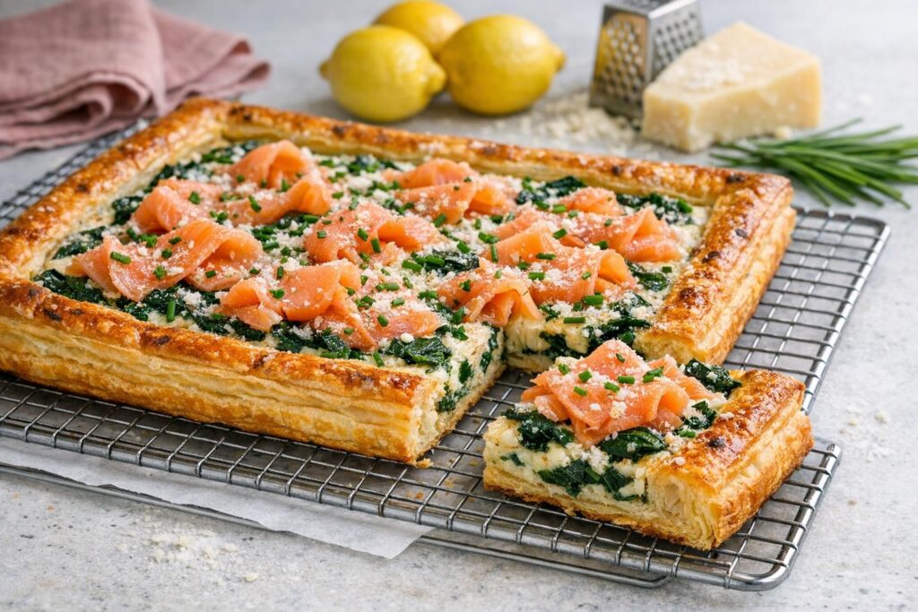 Sprød butterdejstærte med røget laks og spinat