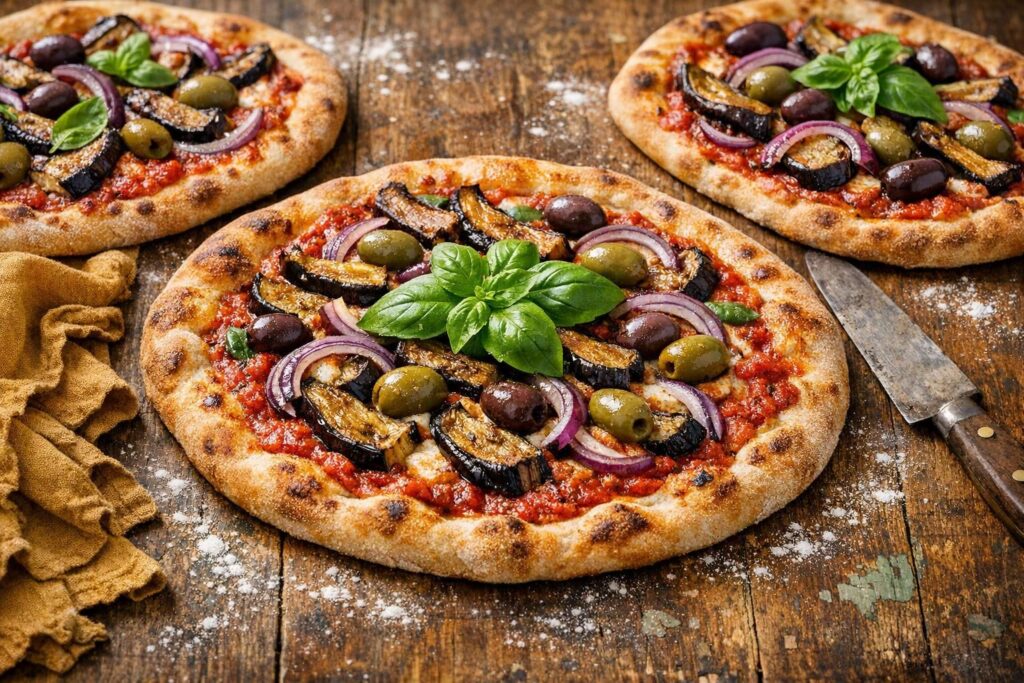 Sprød vegetarpizza med aubergine og oliven