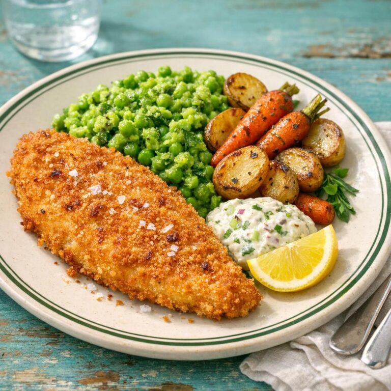 { "alt_text": "Sprødpaneret fisk med ærtepuré, ovnbagte grøntsager, tatarsauce og citronbåde på lys tallerken", "file_name": "sprodpaneret-fisk-med-aertepure-ovnbagte-grontsager-og-tatarsauce-5387" }