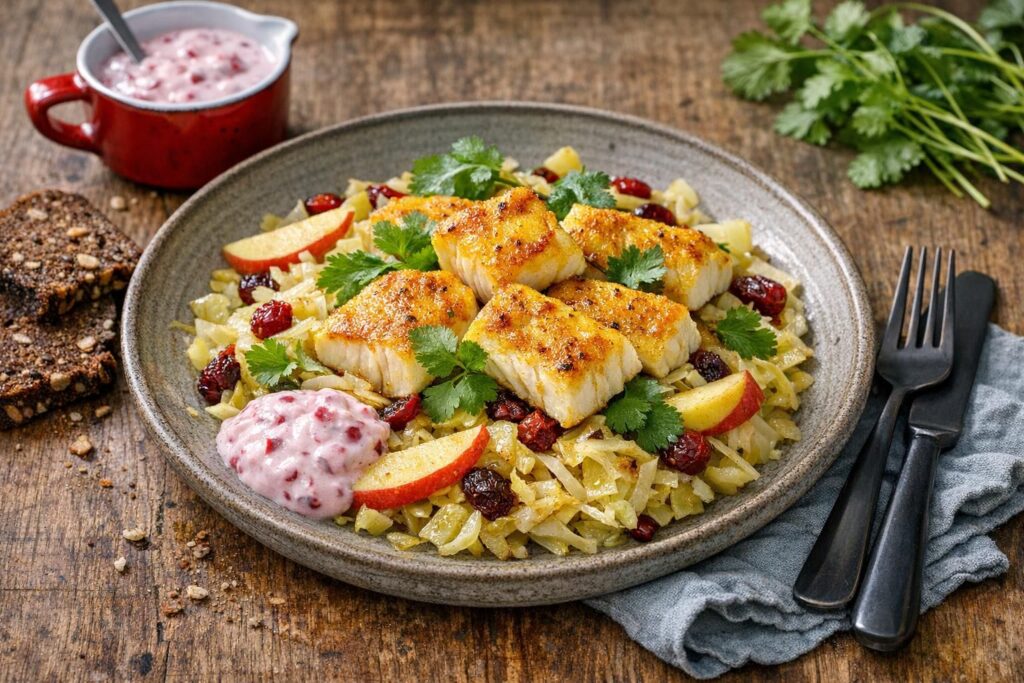 Stegt sej i karry med varm hvidkål og tranebærdressing