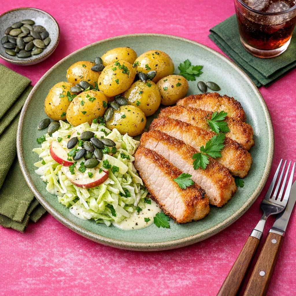 Stegt svineschnitzel med smørkartofler og cremet æble-kål-salat