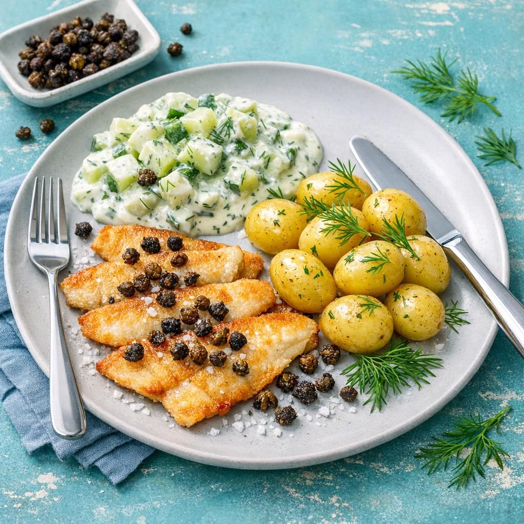 Stegte fiskefileter med sprøde kapers og lun agurkecreme