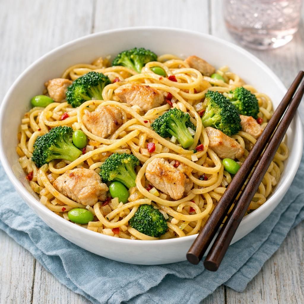 Stegte nudler med kylling og broccoli