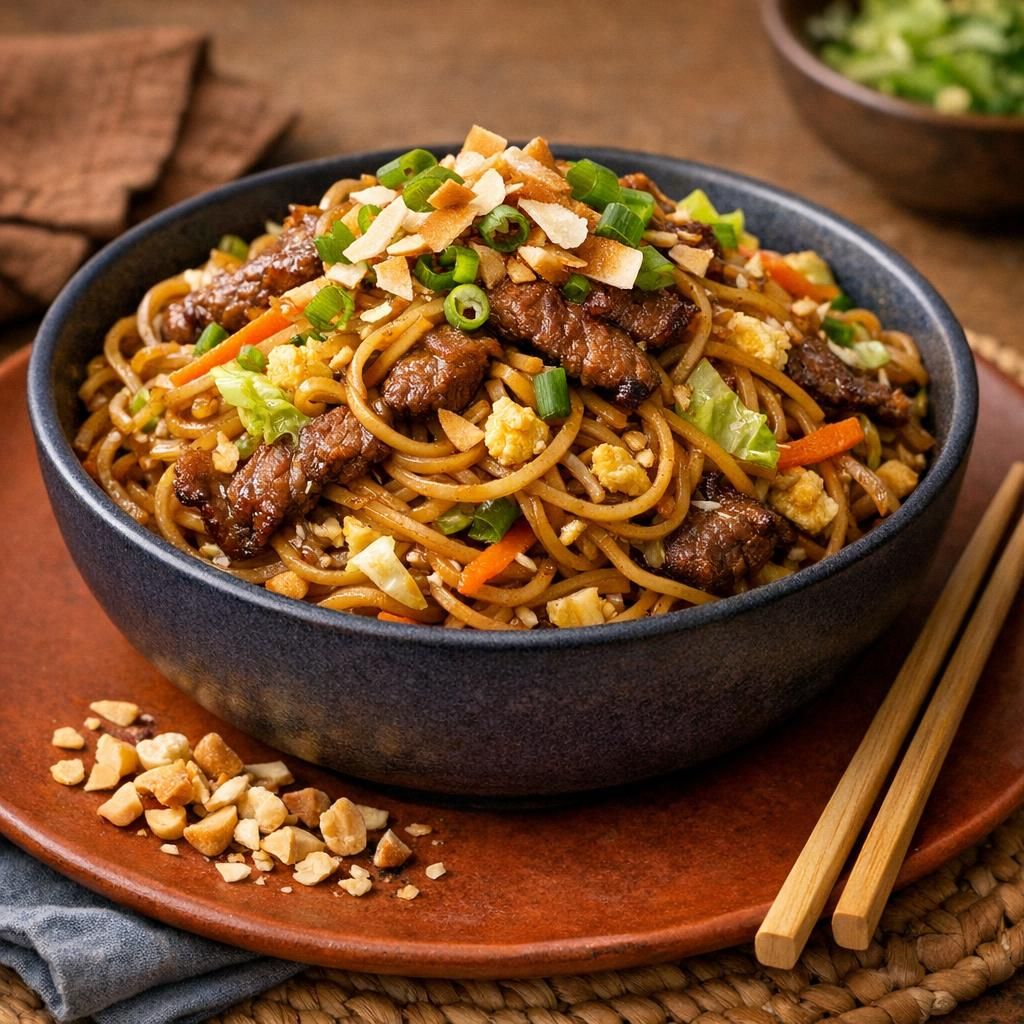 Stegte nudler med oksekød (bami goreng-stil)