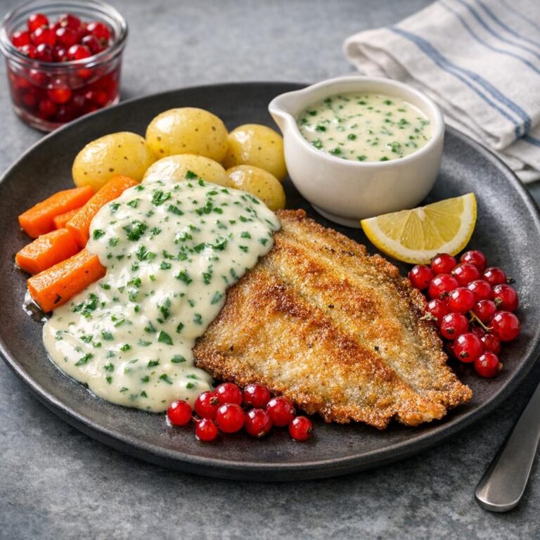 { "alt_text": "Stegte skrubber med persillesauce, nye kartofler, dampede gulerødder, ribs i sirup og citronbåd på hvid tallerken", "file_name": "stegte-skrubber-med-klassisk-persillesauce-4827" }