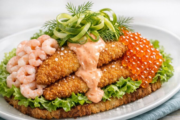 { "alt_text": "Stjerneskud – klassisk dansk fiskeanretning på ristet landbrød med paneret rødspætte, tomatdressing, rejer og lakserogn, pyntet med salat, rå asparges, cherrytomater, citron og dild", "file_name": "stjerneskud-klassisk-dansk-fiskeanretning-4827" }