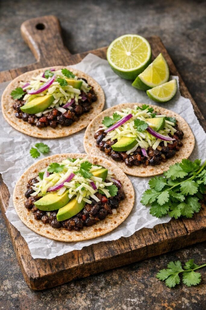 Tacos med krydrede bønner, avocado og kål