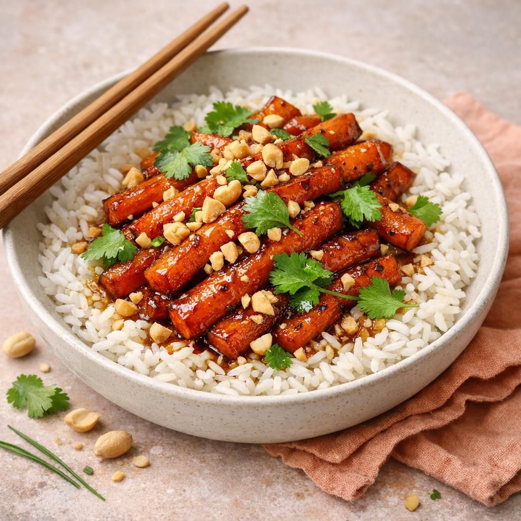 Teriyaki-gulerødder med ris, peanuts og koriander