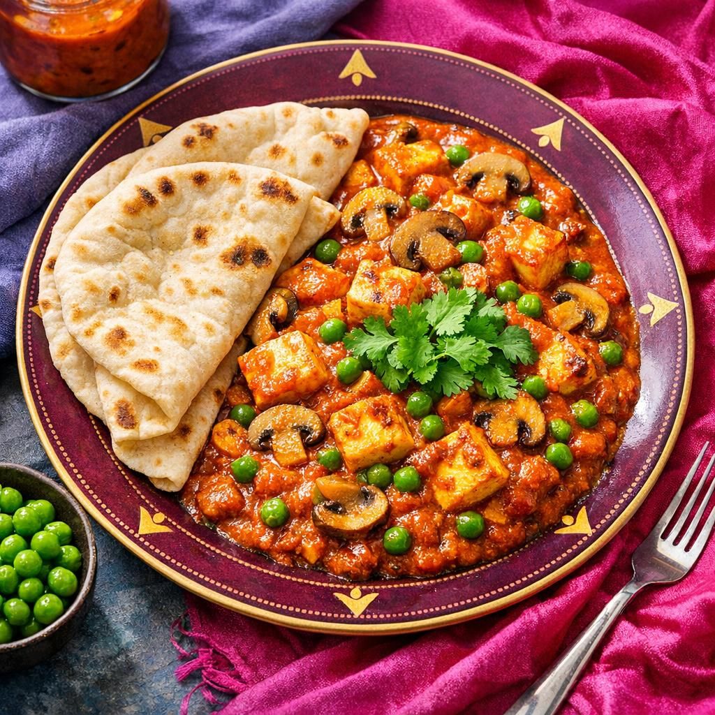 Tikka masala med paneer, champignon og ærter
