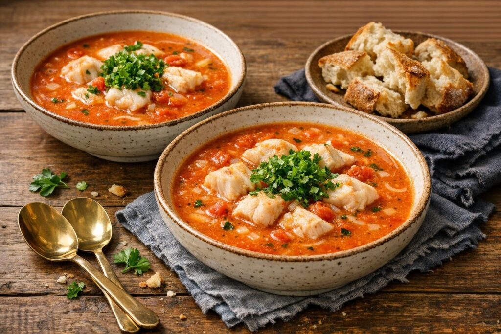 Tomatfyldt fiskesuppe med torsk