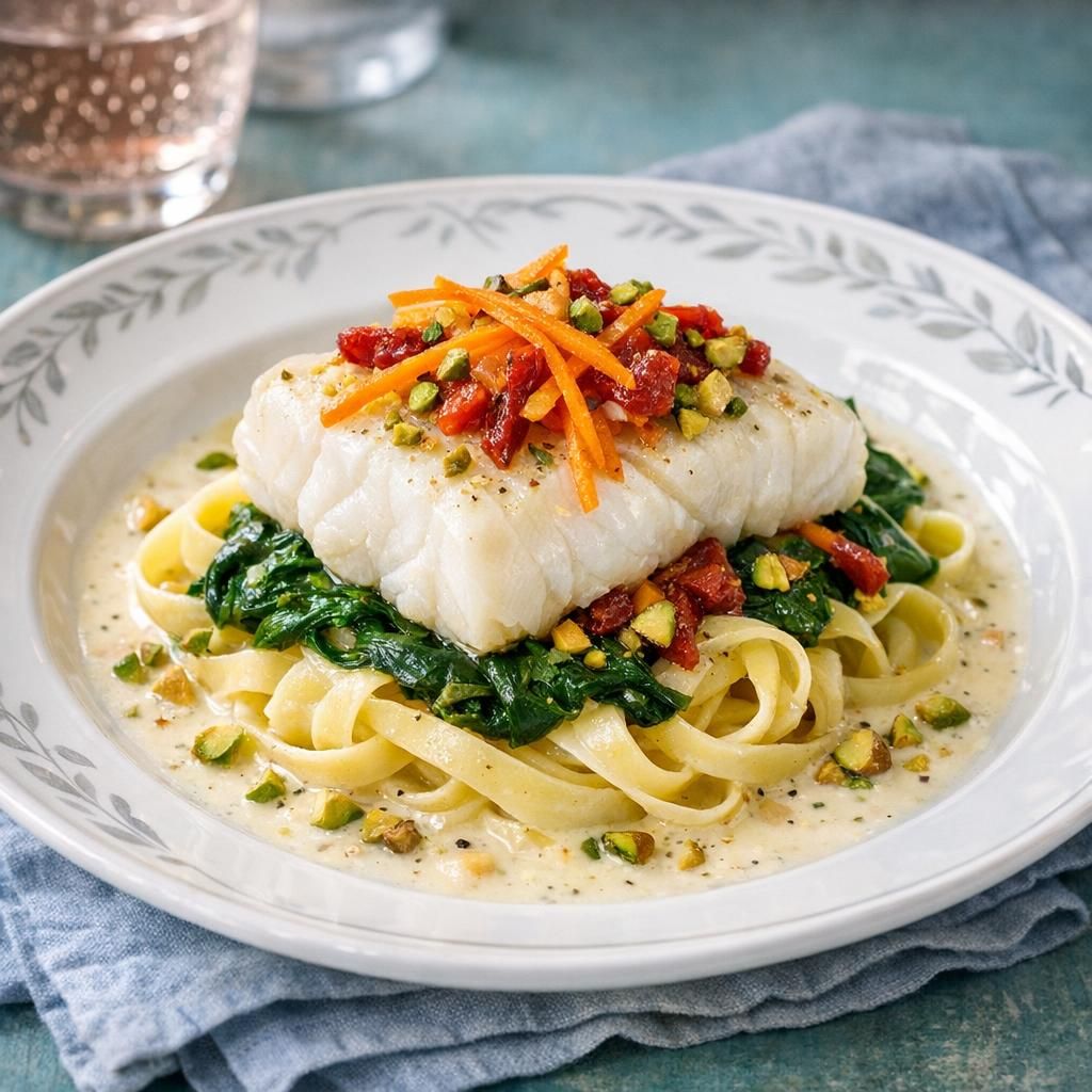 Torskepakker med spinat, pasta og hvidvinssauce