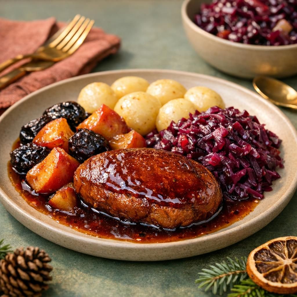 Vegansk mock duck med æbler, svesker og klassisk juletilbehør