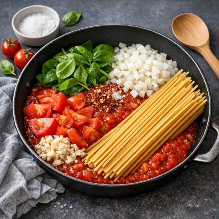 { "alt_text": "Vegansk spaghetti i lav metalpande med glinsende tomatsauce, tomat- og løgtern, chili og friske basilikumblade, set skråt oppefra", "file_name": "vegansk-pastagryde-med-tomat-og-basilikum-3842" }