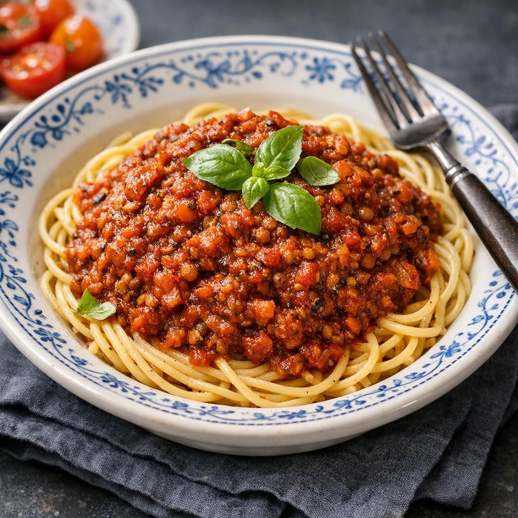 Vegansk spaghetti med linsebolognese