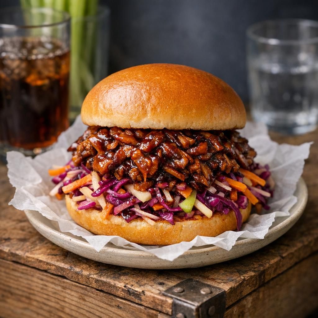 Vegetarburger med BBQ-svampe og råkostslaw