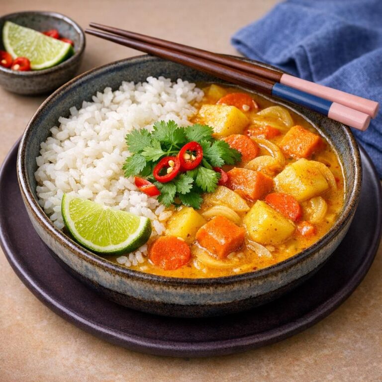 { "alt_text": "Vegetarisk massaman-karry i gul-orange kokos-sauce med kartofler og gulerod, toppet med ristede peanuts, koriander og rød chili; hvid ris i baggrunden", "file_name": "vegetarisk-massaman-karry-med-kartofler-og-ris-5386" }