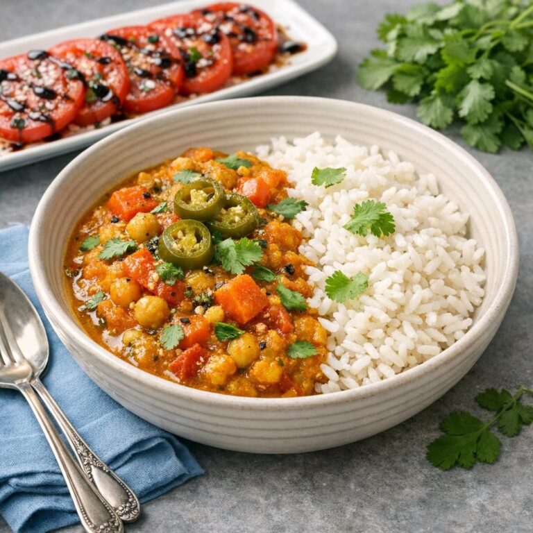 { "alt_text": "Veggiecurry i gylden sauce med grøntsagsstykker, serveret med luftig lynris og tomater dryppet med balsamico og urter på rund tallerken", "file_name": "veggiecurry-med-lynris-og-balsamico-tomater-4827" }