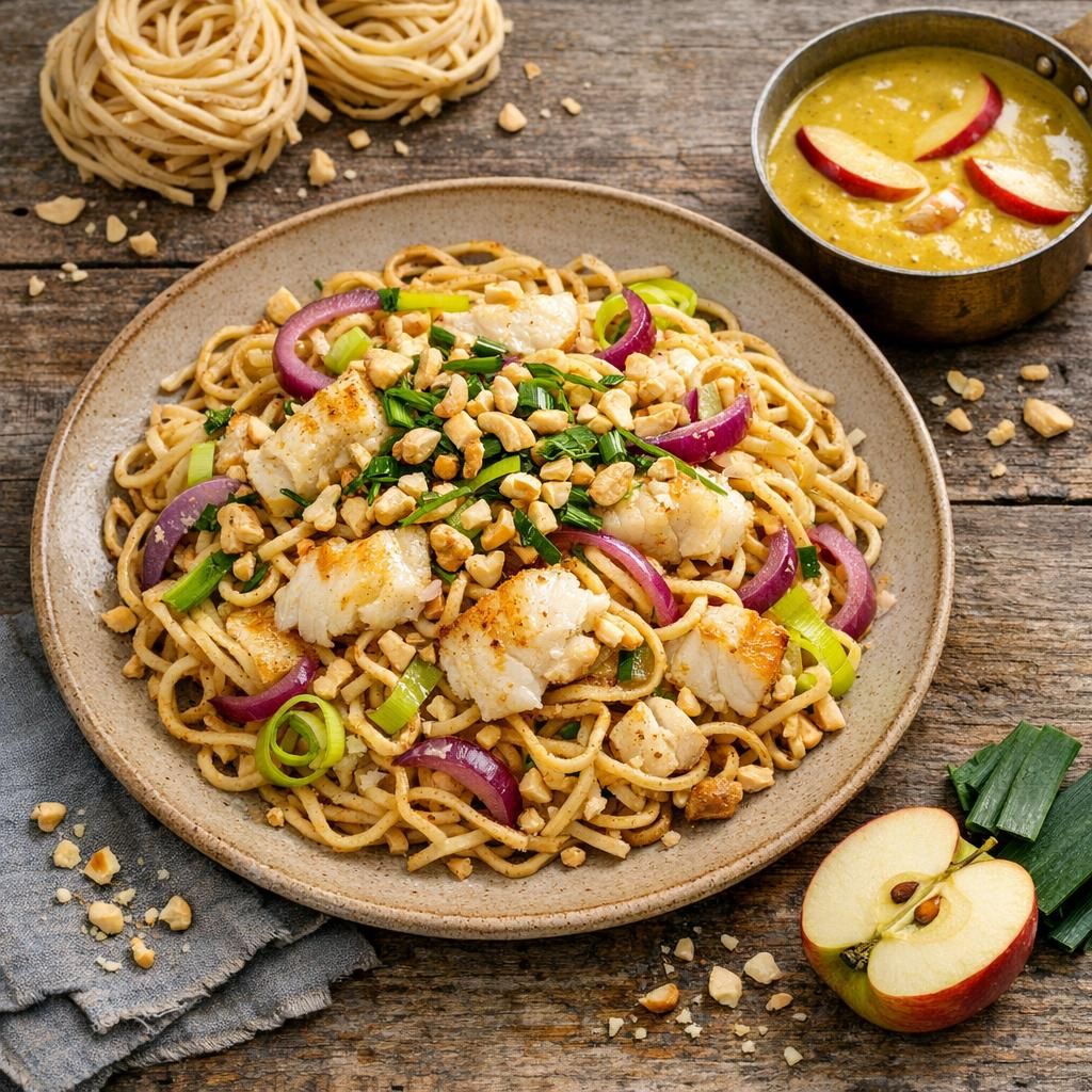 Wokstegt torsk med nudler og mild karrysauce